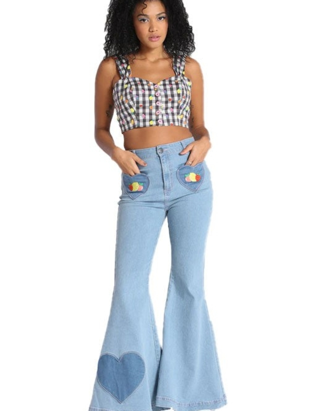 Hell Bunny Molly Flared Jeans  Blue Fruit Embroidery  Hearts STRETCHY Women 2XL